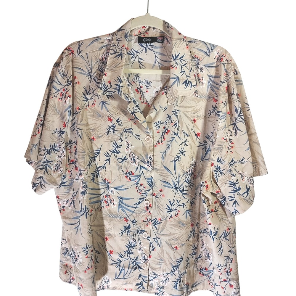 Tapestry Button Front Blouse‎ Women 22/24W Beige Tropical Floral Short Sleeve